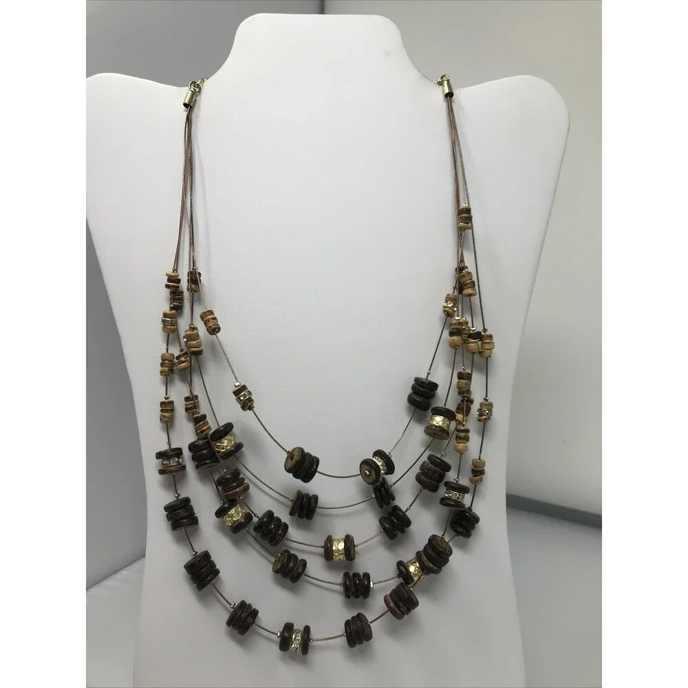 CHICO'S Necklace Brown Gold Tone  Multi Strand Floating Beads Earth Natural Tone